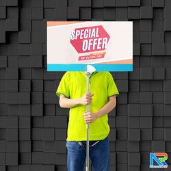 ป้ายทรูปมือถือ ด้ามถือแสตนเลส ปรับระดับได้ ตั้งแต่ 58-86 cm. ร่องสอดกว้าง 5 mm.