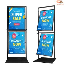 ป้ายตั้งพื้นเหล็ก สีดำ รุ่น 2 เฟรม หมุนได้ 360 องศา ขนาด 50×70 ซม. พร้อมอะคริลิคใสหนา 2 มม. 2 แผ่น สอดงานพิมพ์ทางด้านบน โชว์ภาพ 2 ด้าน