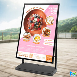 ป้ายตั้งพื้น ฐานน้ำ สีดำ พร้อมล้อ ขนาดงานพิมพ์ 80x120 ซม. สูง 143 ซม. โครงอะลูมิเนียม ถอดประกอบได้ เคลื่อนย้ายสะดวก