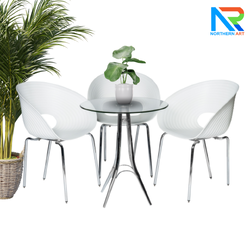 เช่าชุดโต๊ะบาร์ Top กระจกกลม ขาเหล็กชุบโครเมี่ยม พร้อมเก้าอี้ 3 ตัว (เก้าอี้มีหลายแบบให้เลือก)