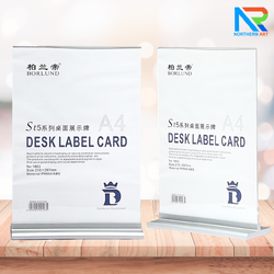 ป้ายตั้งโต๊ะ อะคริลิค ฐานพลาสติก สีเงิน ขนาด A4 โชว์งานพิมพ์ได้ 2 หน้า ถอดประกอบได้