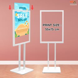 โปสเตอร์สแตนด์ อะลูมิเนียม สีขาว เสาคู่ ขนาด (W)60 x (L)44 x (H)153 cm. ฐานเหล็กสี่เหลี่ยม โชว์งานพิมพ์ 2 ด้าน ถอดประกอบได้