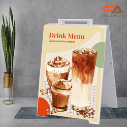 ป้ายตั้งพื้น ป้ายมินิมอล สีขาว 2 หน้า ขนาด 61 x 81 cm. พับเก็บได้ ขอบเหล็กทำสีหุ้มแผ่นพลาสวูดหนา 10 มม. พร้อมหูหิ้วเหล็ก