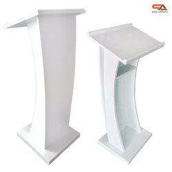 โพเดียมไม้ สีขาว ทรงโค้ง ขนาด (W) 50 x (L) 40 x (H) 120 cm. สไตล์โมเดิร์น พร้อมชั้นวางของ