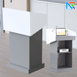 โพเดียมไม้MDF ทูโทน สีขาว และสีเทา ขนาด (W)73 x (L)54 x (H)117 cm. พร้อมชั้นวาง