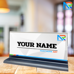 ป้ายชื่อตั้งโต๊ะ สีดำ ขนาด (W)21 x (D)7 x(H)11.5 โชว์งานพิมพ์ได้ 2 หน้า ถอดประกอบได้