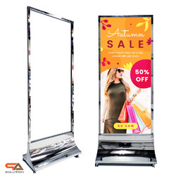 CLEARANCE SALE! ป้ายตั้งพื้น ฐานสแตนเลสเงา ทรงสามเหลี่ยม ขนาด 80x180 cm.ถอดประกอบได้ โชว์งานพิมพ์ 2 ด้าน พร้อมล้อเลื่อน