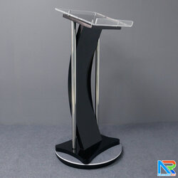 โพเดียมไม้ สีดำ ขนาด (W) 50 x (L) 40 x (H) 120 cm. พร้อมเสาสแตนเลสคู่ TOP เอียง อะคริลิคใส ติดหมุด