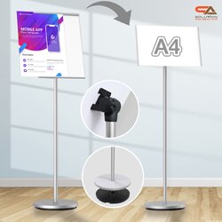 โปสเตอร์สแตนด์ ขนาด A4 ฐานกลม สีเงิน เสาเดี่ยว สอดภาพจากด้านข้าง เปลี่ยนมุมเอน ปรับแนวตั้ง-แนวนอนได้