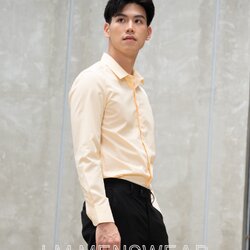 เสื้อเชิ้ตคอปกธรรมดา ซ่อนกระดุม สีเหลืองพีข (Peach Yellow Shirt - Standard Collar - Hidden Button)