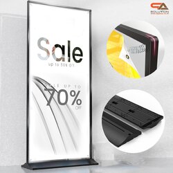 ป้ายตั้งพื้น รุ่นแขวน ฐานพลาสติกขึ้นรูป ขนาด 80x180 ซม. โครงเหล็กสีดำพร้อมขอแขวน 4 มุม ถอดประกอบได้ เคลื่อนย้ายสะดวก