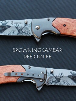 มีดพับด้ามไม้ลายเขากวาง BROWNING SAMBAR DEER KNIFE.