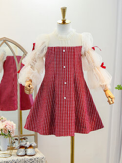 เดรสแขนยาวสีแดงผ้าทอลายตารางเล็กดีเทลช่วงแขนและไหล่ตัดด้วยผ้าสีครีม