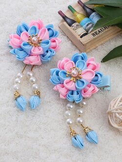 (No. 72) (ขายเป็นคู่) กิ้บติดผมสไตล์จีนดอกไม้ สีฟ้า/ชพมู รุ่นร้อยมาลัยทูโทน