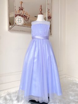 เดรสออกงานราตรียาวแขนกุดสีม่วงพาสเทล (Lilac) (งานไฮพรีเมี่ยม) ช่วงไหล่ซีทรู ช่วงเอวประดับผ้าซาติน