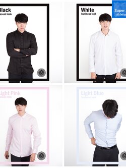 เสื้อเชิ้ตชาย สีดำ สีขาว สีฟ้า สีชมพู รุ่น Super Soft Stretch (เนื้อผ้าโพลี + สแปนเดกซ์)