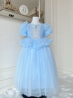 ชุดเจ้าหญิงซินเดอเรลล่าแขนตุ๊กตา ช่วงเอวต่อระบายผ้าโปร่ง 2 ชั้น