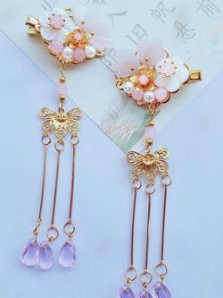 (No.185) ขายเป็นคู่ กิ๊ฟติดผมตรุษจีน ประดับไข่มุกมีระย้าแบบจีนโบราณ