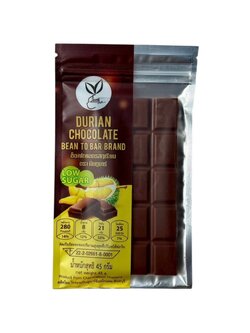 ช็อกโกแลตรสทุเรียน ตรา บีนทูบาร์ ทำจากไขมันโกโก้แท้ น้ำตาลต่ำ Durian Chocolate Low Sugar Bean To Bar Brand