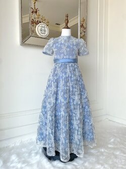 เดรสออกงานราตรียาวแขนตุ๊กตา (งานไฮพรีเมี่ยม) ผ้าลูกไม้ฉลุโทนสีฟ้าอมเทา ลุคผู้ดี สวยคลาสสิค