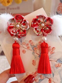 (No.192) ขายเป็นคู่ กิ๊ฟติดผมตรุษจีน งานผ้าลายกิโมโนตกแต่งปอมปอม