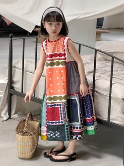 เดรสยาวแขนกุดลายกราฟฟิคเรโทร สีสันสดใส