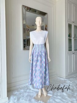 (No. 014) กระโปรงผ้าฝ้ายไทยทอมือ สลับสีโทนพาสเทลหลากสี ทรงทวิส แบรนด์ Chabafah (ชบาฟ้า)