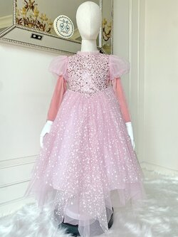 ชุดเจ้าหญิงออโรร่าสีชมพูแขนยาวกำมะหยี่เกาหลี อกปักเลื่อมวิ้งๆ