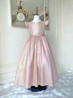 เดรสออกงานราตรียาวแขนกุด สีชมพูพาสเทล เหลือบเมทาลิคสีชมพูพีชอมนู้ด เรียบหรูผู้ดีที่สุด