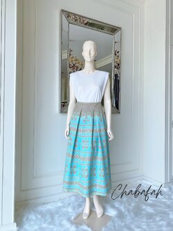 (No. 015) กระโปรงผ้าฝ้ายไทยทอมือ สีฟ้าทิฟฟานี่บูล ทรงทวิส แบรนด์ Chabafah (ชบาฟ้า)