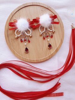 (No.195) ขายเป็นคู่ กิ๊ฟติดผมตรุษจีน มีริบบิ้นยาวสีแดงถอดออกได้