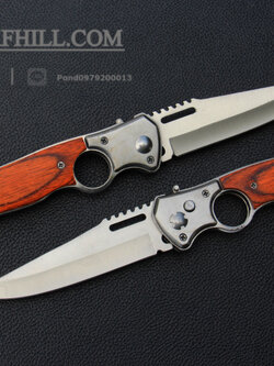 มีดพับสปริง Stainless Steel ใบมีดสวิง ด้ามไม้รูควง ปลายแหลม ขนาด 9 นิ้ว