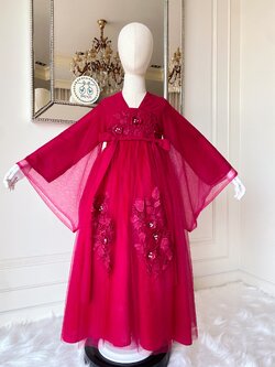 เดรสฮั่นฝูแขนยาวสีแดงเลือดนก สีแดงสวยลุคนางพญา ดีเทลงานปักสวยๆ และไข่มุก