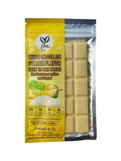 ช็อกโกแลตขาวรสทุเรียน ตรา บีนทูบาร์ ทำจากไขมันโกโก้แท้ น้ำตาลต่ำ White Chocolate Durian flavor Bean To Bar Brand