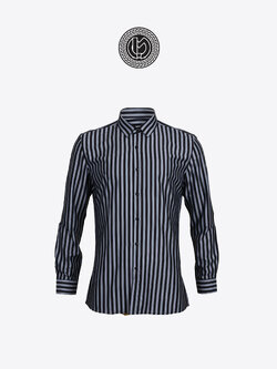 เสื้อเชิ้ตลายทางสีดำเทา Black Grey Stripped Shirt (Standard Collar)