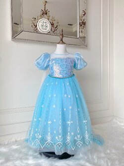 ชุดเจ้าหญิงเอลซ่า แขนตุ๊กตา ปักเลื่อมช่วงอก พร้อมผ้าคลุมถอดออกได้