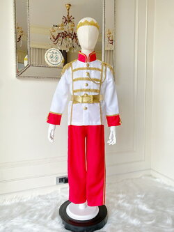 (เซต 3 ชิ้น) ชุดเจ้าชายรูปงามเสื้อขาวกุ๊นลูกไม้สีทอง สไตล์เจ้าชายอังกฤษ กางเกงสีแดง (ชุด+เข็มขัด+มงกุฏลูกไม้)