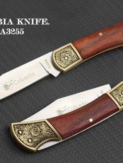 มีดพับทรงคลาสสิค COLUMBIA No.A3255 ด้ามไม้แท้ + ทองเหลืองแกะลายไม้เลื้อย