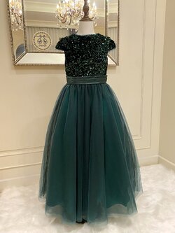 เดรสออกงานราตรียาวแขนสั้น (งานไฮพรีเมี่ยม) ดีเทลปักเลื่อมสีเขียวเข้ม