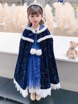 ผ้าคลุมชุดเจ้าหญิงสี Midnight Blue รุ่นตุ้มปอมปอม มีระบายชายสีขาว วัสดุอย่างดี (ยาว 85 cm.)