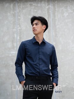 เสื้อเชิ้ตคอปกธรรมดา ซ่อนกระดุม สีกรม (Navy Shirt - Standard Collar - Hidden Button)