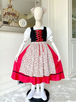 (เซต 5 ชิ้น) ชุดคอสเพลย์ ชุดประจำชาติเยอรมัน (German) เด็กหญิงโทนแดงดำ (เดรสเอี๊ยม+เสื้อ+ถุงเท้า+ผ้าคาดผม+ผ้ากันเปื้อน)