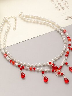 (No. 131) สร้อยคอไข่มุกแบบจีนโบราณ ห้อยอัญมณีสีแดงรูปหยดนำ้และดอกไม้