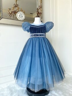 ชุดเจ้าหญิงเอลซ่าแขนตุ๊กตาสีน้ำเงินกรมท่า รุ่นไฮพรีเมี่ยม ดีเทลลายปักดิ้นเงินรอบเอวสุดหรู