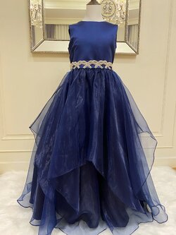 เดรสออกงานราตรียาวแขนกุด สีน้ำเงินรอยัลบูล (Royal Blue) (งานไฮพรีเมี่ยม) ดีเทลลายปักเพชรหนามเตยรูปริบบิ้นที่ช่วงเอว