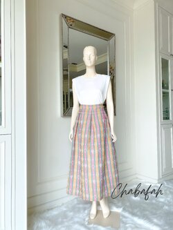 (No. 006) กระโปรงผ้าฝ้ายไทยทอเครื่อง สีเหลืองสลับเขียวสีน่ารักสดใส ทรงทวิส แบรนด์ Chabafah (ชบาฟ้า)