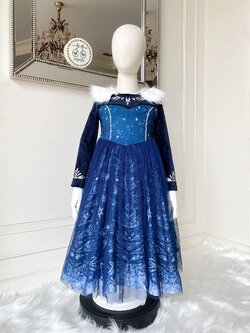 ชุดเจ้าหญิงเอลซ่าสีน้ำเงินเข้ม บุขนฟรีซกันหนาวอย่างดี มีปกขนสีขาวถอดออกได้