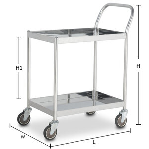 TWO-TIER STAINLESS STEEL TRAY TROLLEY - SINGLE HANDLE - PU WHEELS