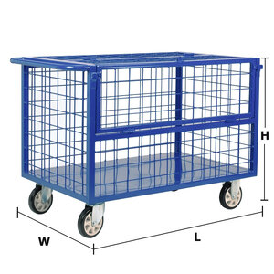 Steel cage cart with grille side panel, transparent model, 350 kg, with top cover