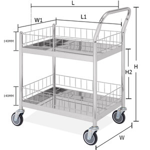 Stainless Steel Trolley 2 Tiers with Stall, One Side Handle, PU Wheels 810x525x890 mm